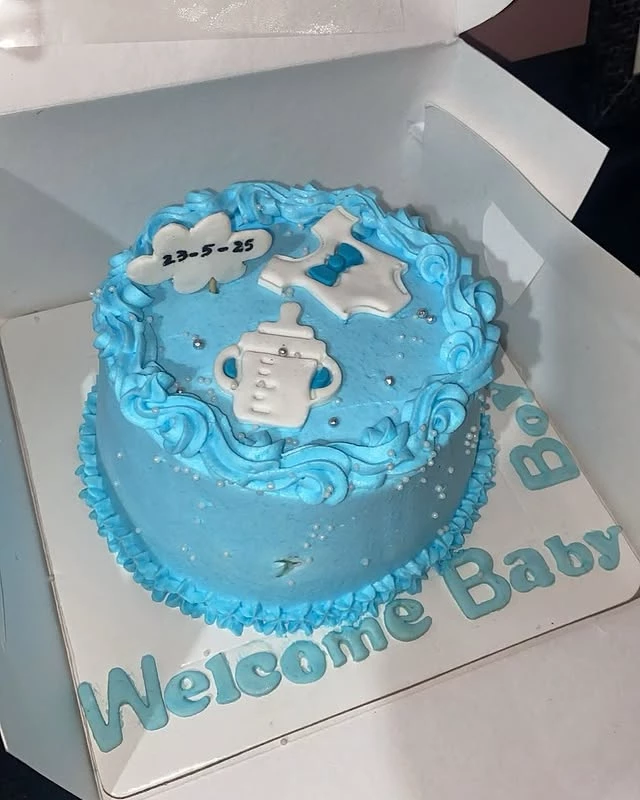 Welcome baby boy celebration cake with date 23-5-25 and beautiful newborn design - Newborn Baby Cakes Karachi By Whisk And Sift